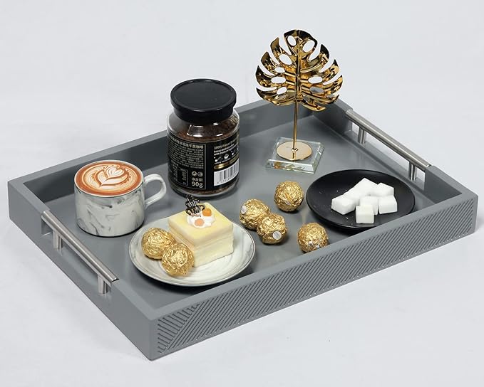 Serving Tray with Polished Metal Handles, 16.5''x12'' Rectangle Coffee Table Tray, Modern Decorative Tray, Large Ottoman Tray, Perfect for Storage and Display (Grey)