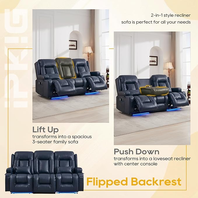IPKIG 76" Power Reclining Sofa, Electric Home Theater Seating with Flipped Middle Backrest/LED Lighting/USB Ports/Built-in Outlets, Dual Recliner Sofa 3 Seater for Living Room RV (Blue)