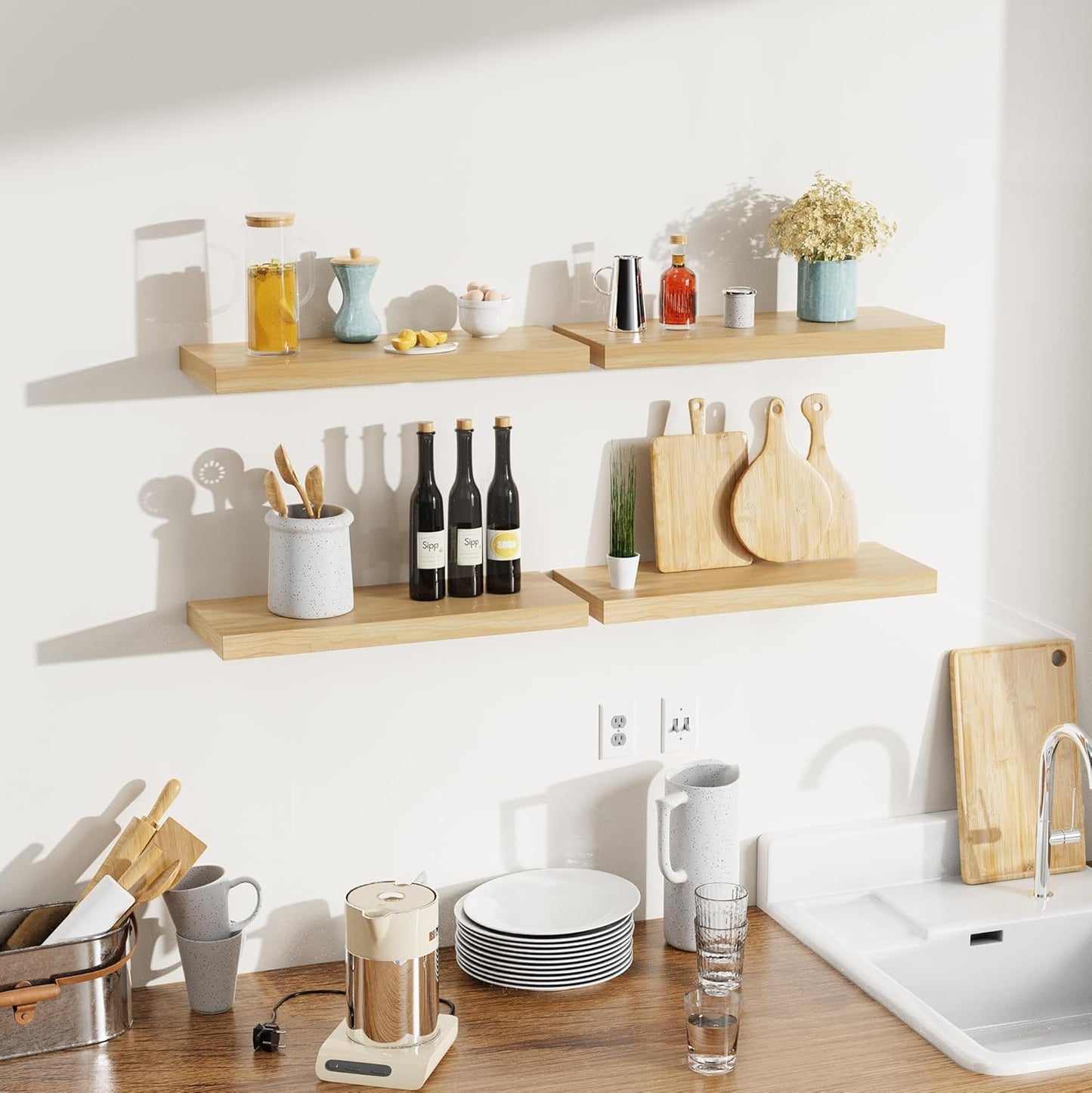 Bellsal Floating Shelves for Wall, Maple Wood Wall Shelf Set of 4, 16" Wall Mounted Floating Shelf for Kitchen, Living Room, Bedroom, Bathroom Storage, Book Shelfs for Home Decor Frame Display