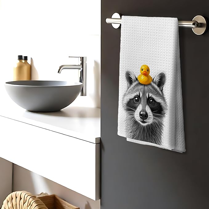 Nipi 109-XJ-MJ Towel Funny Raccoon Lover Gifts Bathroom Hand Towels, Raccoon Bathroom Decor, Vintage Animal Trash Panda with A Yellow Duck on Head Decorative Kids Hand Towels, 16x24 Inch