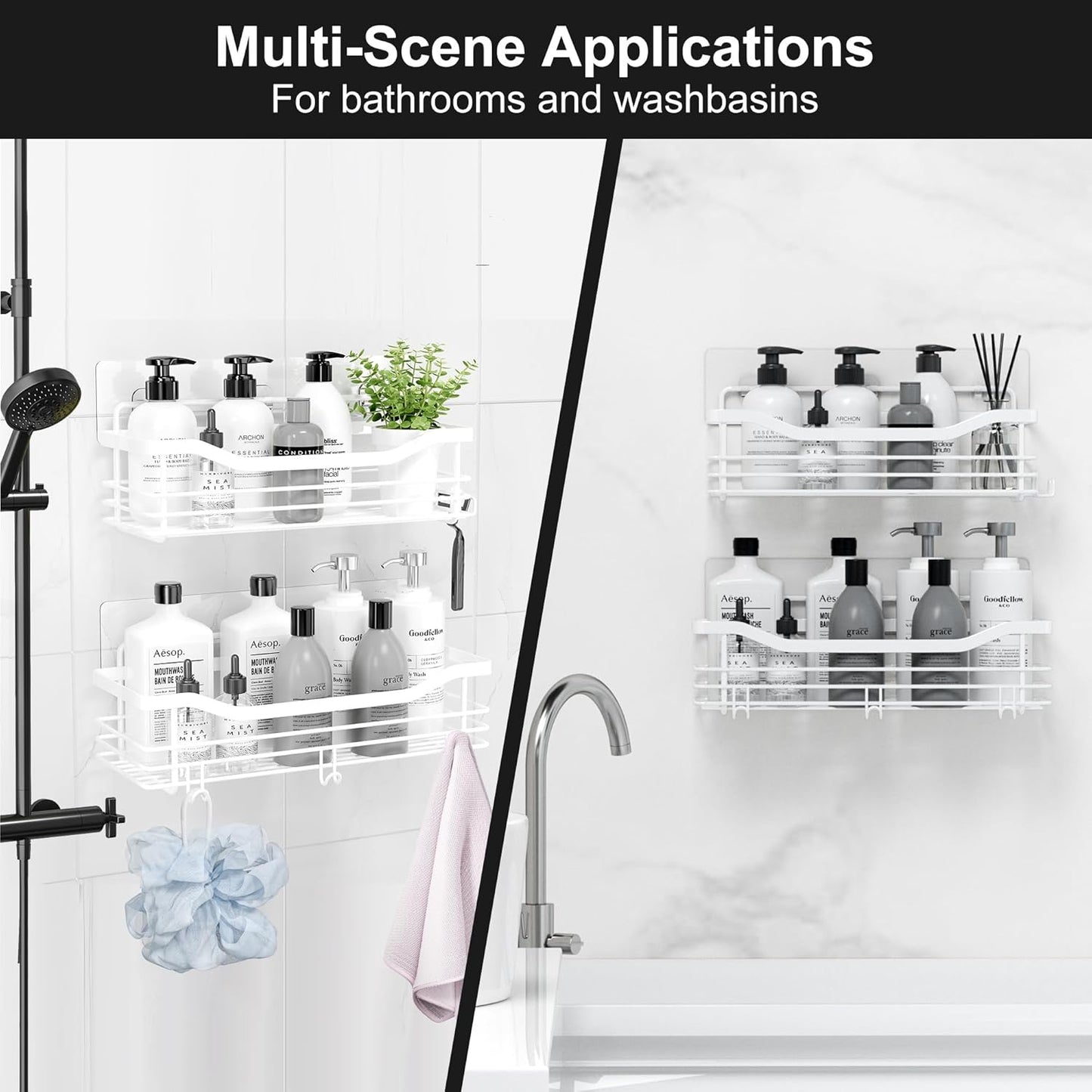 Orimade Shower Caddy Basket Shelf Storage Rack, No Drilling Wall Mounted Adhesive Rust Proof Stainless Steel Shower Organizer with 5 Hooks for Bathroom, White 2 Pack