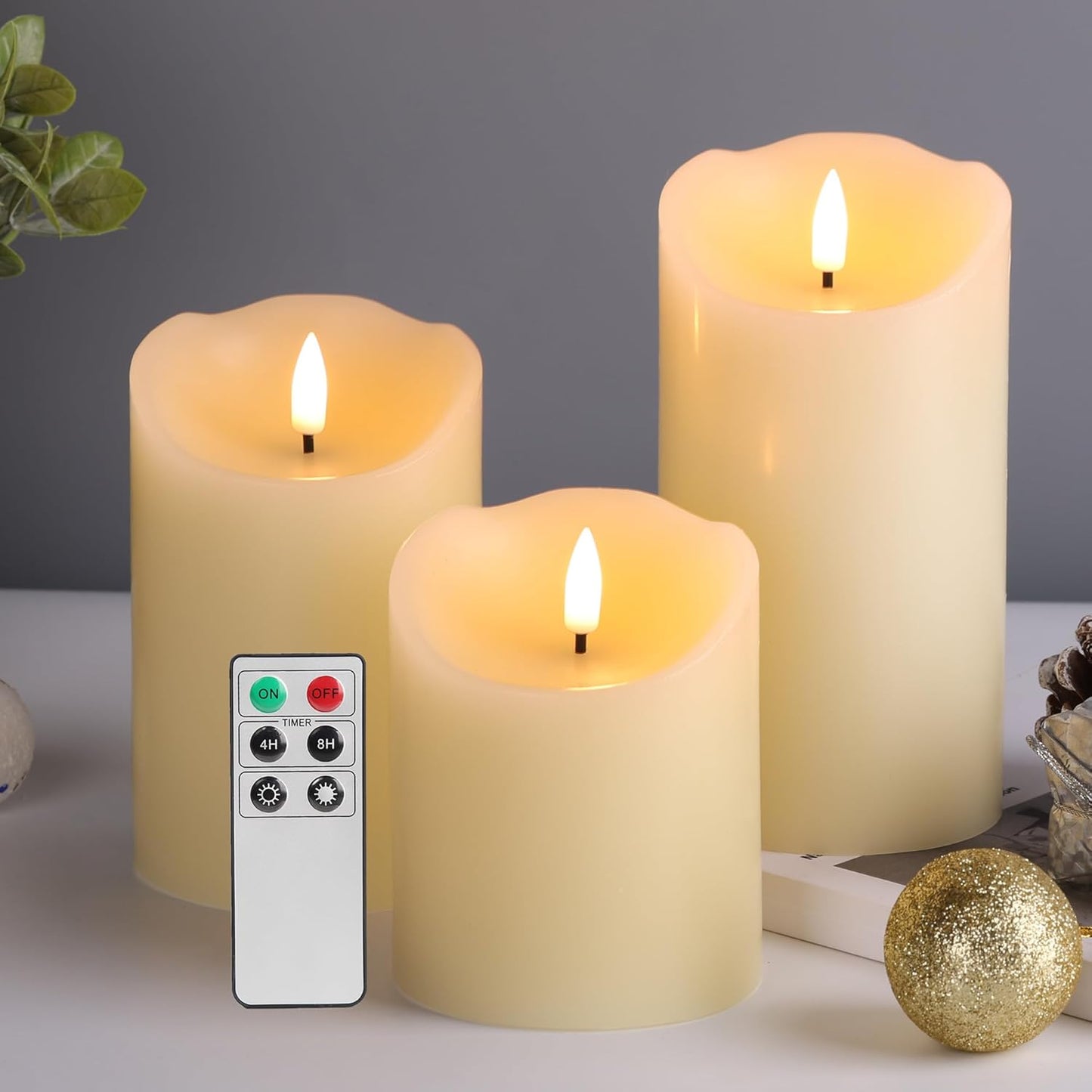 Eywamage Ivory Flameless Pillar Candles with Remote, Flickering Realistic LED Battery Wax Candles Set of 3, Φ 3" H 4" 5" 6"