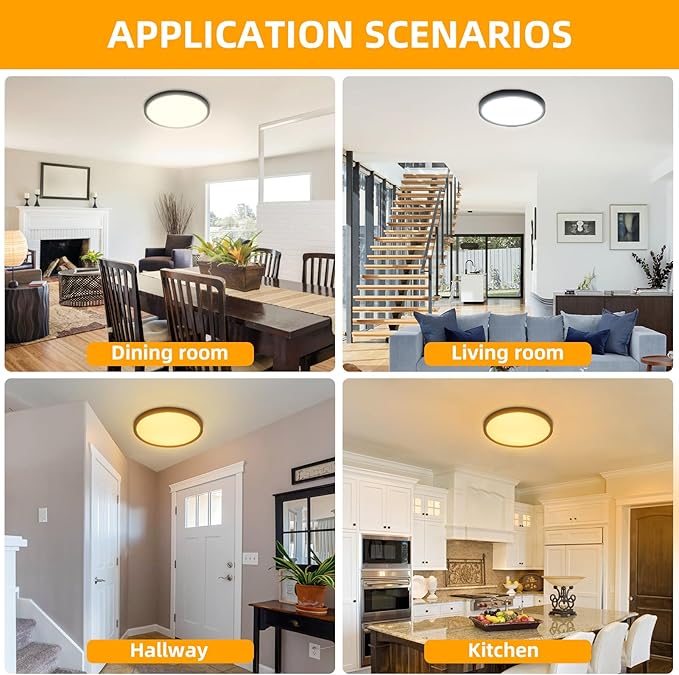 Hlite 2pack 12 inch Flush Mount LED Ceiling Light Fixture,24W 2400LM Super Slim Light Fixtures Ceiling Mount 3000K/4000K/5000K 3CCT Selectable,Ceiling Light Fixtures for Kitchen,Bedroom (Black)