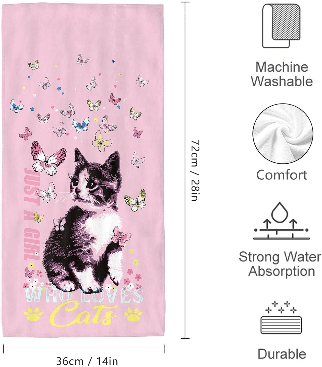 Cute Cat Decorative Bath Hand Towels Set of 2 Soft Absorbent Pink Bathroom Decorative Towels for Bathroom Farmhouse Beach Hotel Spa Gym Yoga Swim 14"x28"