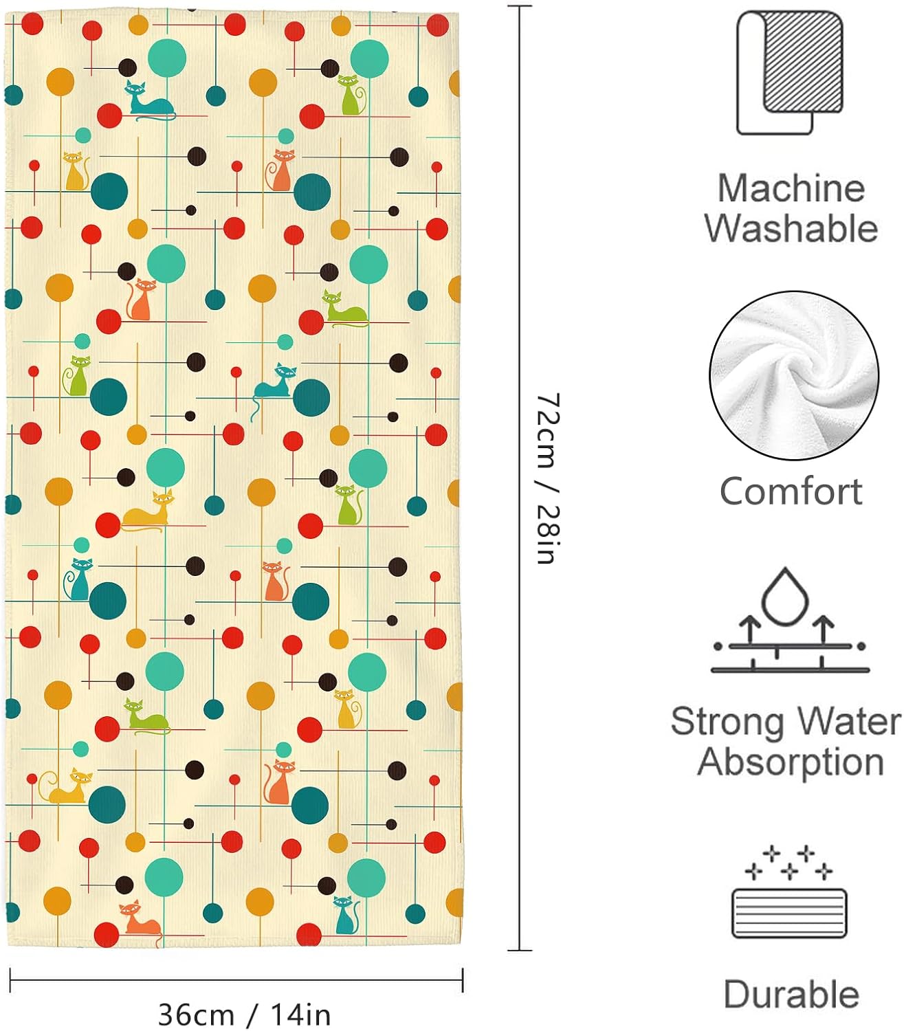 Mid Century Modern Cats Bath Hand Towels Set of 2 Soft Absorbent Retro Decorative Towel for Bathroom Home Kitchen Sports Gym Yoga 14"x28" Yellow Bathroom Decor