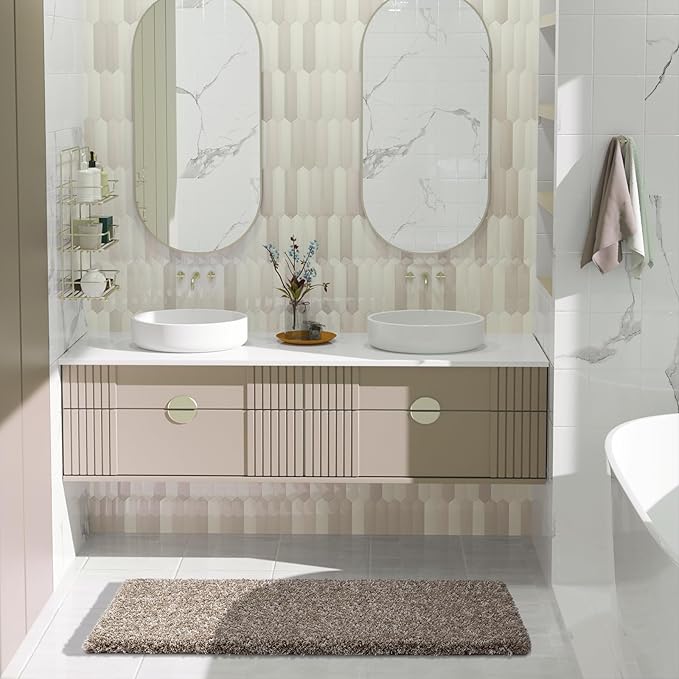 Yimobra Luxury Bathroom Rugs, Fluffy Bath Mats, Non Slip, Water Absorbent Microfiber, Machine Washable, Plush Runner Shower Rugs, Thick Matts for Bathroom Floor&Tub, 47"x 24", Light Brown and White