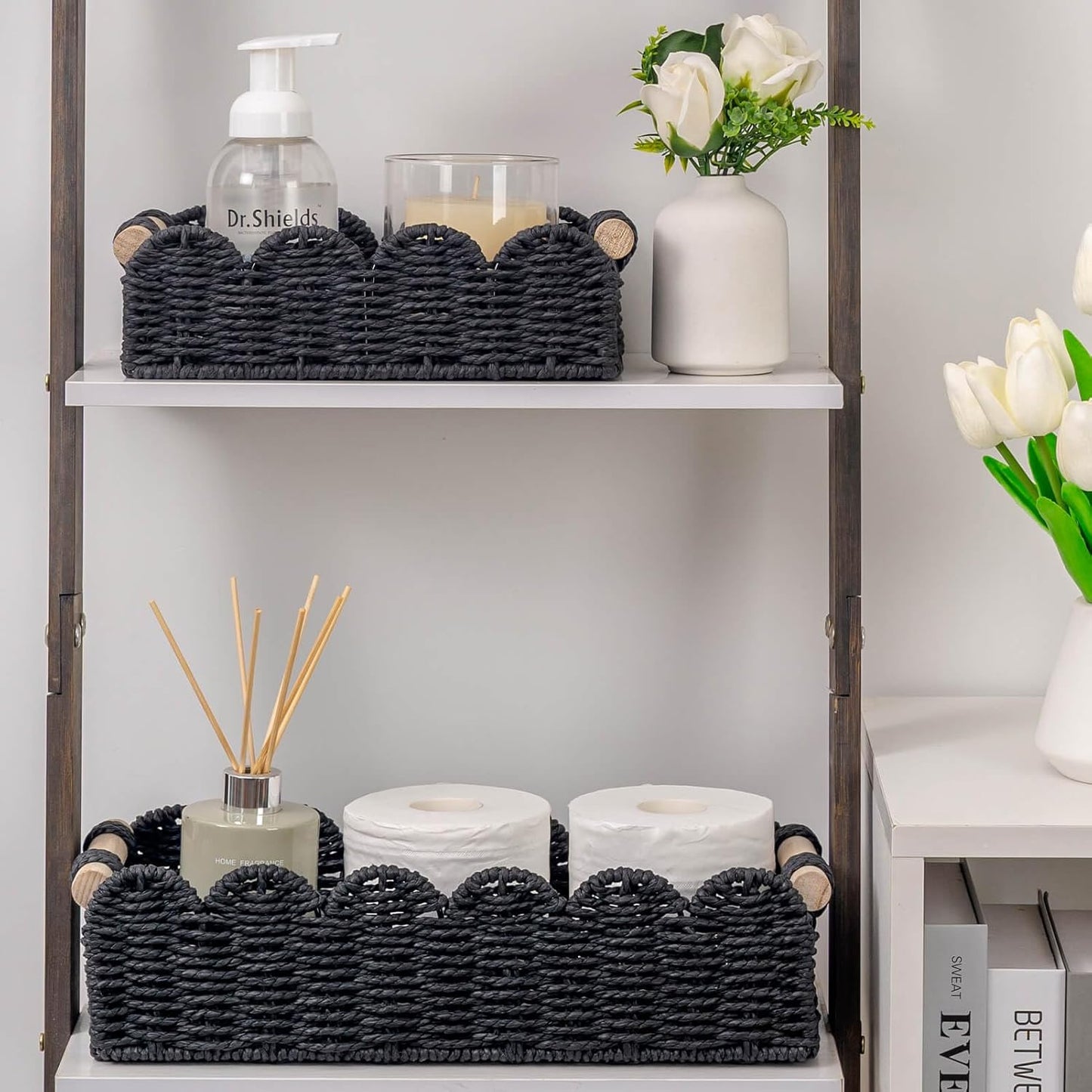 CubesLand Toilet Paper Storage Basket Scalloped Edge Home Decor Basket, Living Room Cozy Decor, Paper Rope Small Baskets for Over Toilet Storage Shelf, End Table, Shelves, with 2 Wooden Handles, Black