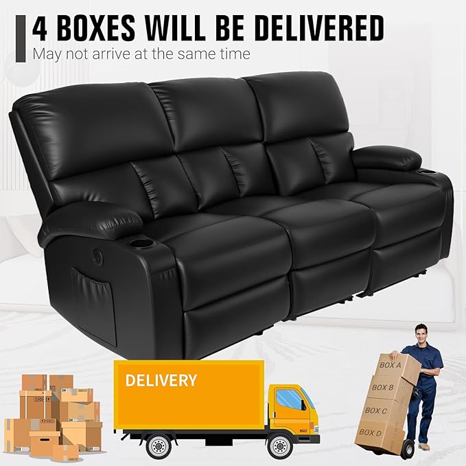 Home Theater Seating,RV Recliner Sofa with Massage and Heat,Manual RV Recliner Loveseat with USB/Cup Holders and Side Pocket for Living Room,3 Seater Black