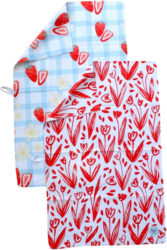 2 Pack Double Sided || Not Your Ordinary Kitchen Towels || Dish Towels || Quick Dry || Waffle Weave Microfiber || Highly Absorbent || Hanging Hook (Strawberry)