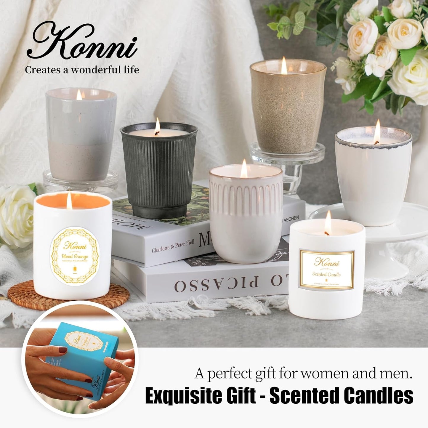 Scented Candle, 9oz Soy Candles, Red Rose Scented White Candles for Women & Men, Long-Lasting Aromatherapy Jar Candle Wax for Home, Bathroom, Non Toxic Candle Gift (Brown Ceramic Cup 19)