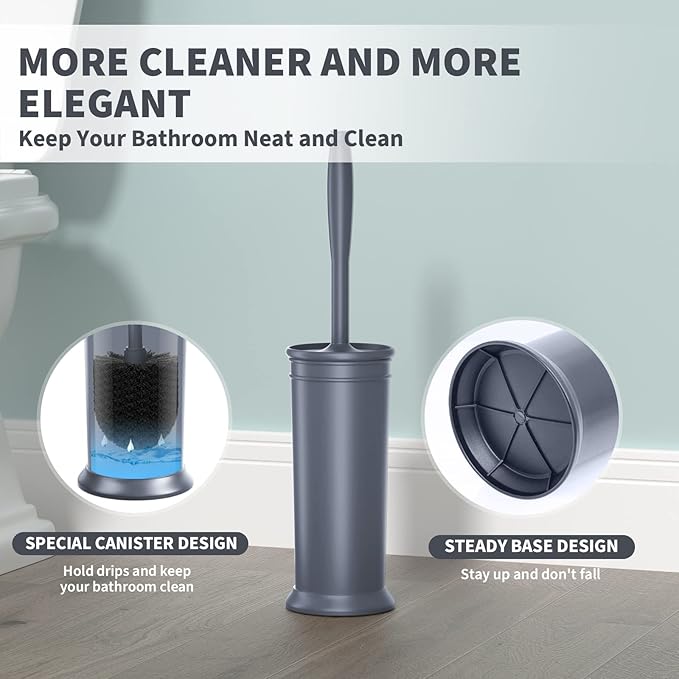 Toilet Brush and Holder 2 Pack, Toilet Bowl Brush with Extra Long Handle, Toilet Scrubber and Covered Holder, Toilet Brushes for Bathroom-Space Saving, Covered Brush, Durable, Deep Cleaning(Grey)