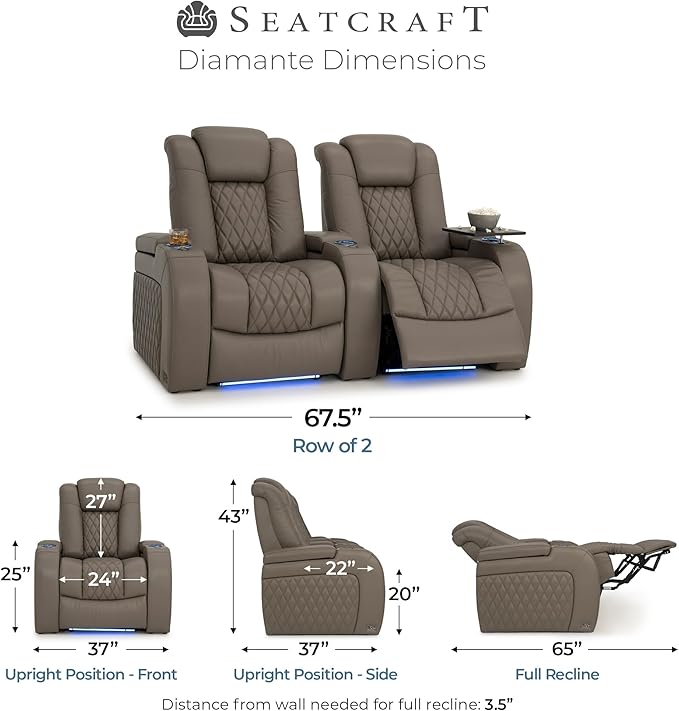 Seatcraft Diamante Zero-Gravity CoolZero Italian Leather Home Theater Seating, Power Headrest, Power Recline, Row of 2, Gray