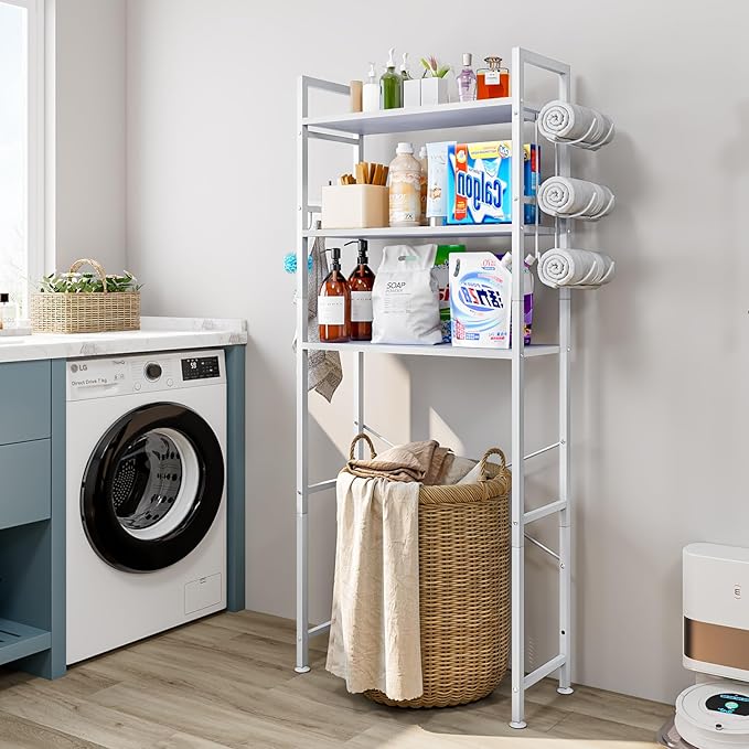 Over The Toilet Storage Rack 3 Tier Bathroom Organizer Shelf Over Toilet Freestanding Space Saver Toilet Stands with 10 Hooks Multifunctional (White)
