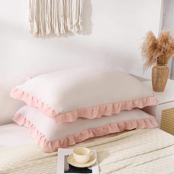 Merryword Pink and Beige Reversible King Pillow Shams - Cute Ruffled Pillowcases Set of 2, Soft Shabby Chic Cover (20"x36")