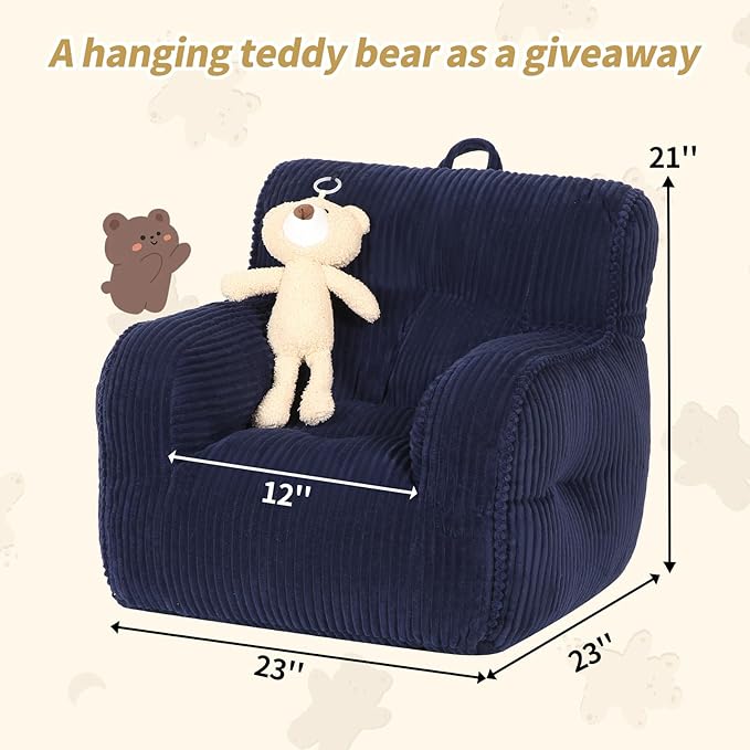 Kids Bean Bag Chair with a Plush Bear, Comfy Toddler Chair for Boys and Girls, Dark Blue