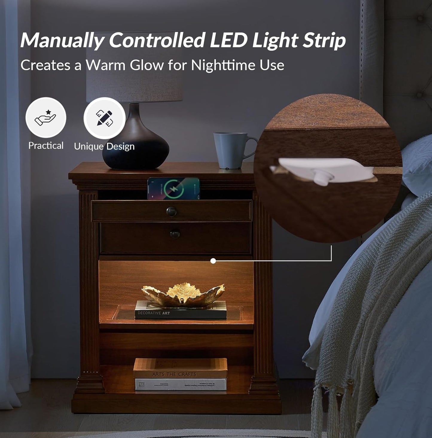 HULALA HOME Wood Nightstand with Tray and Storage Shelves, Traditional Design with Roman Column, End Table with Charging Station/LED, WALNUTT