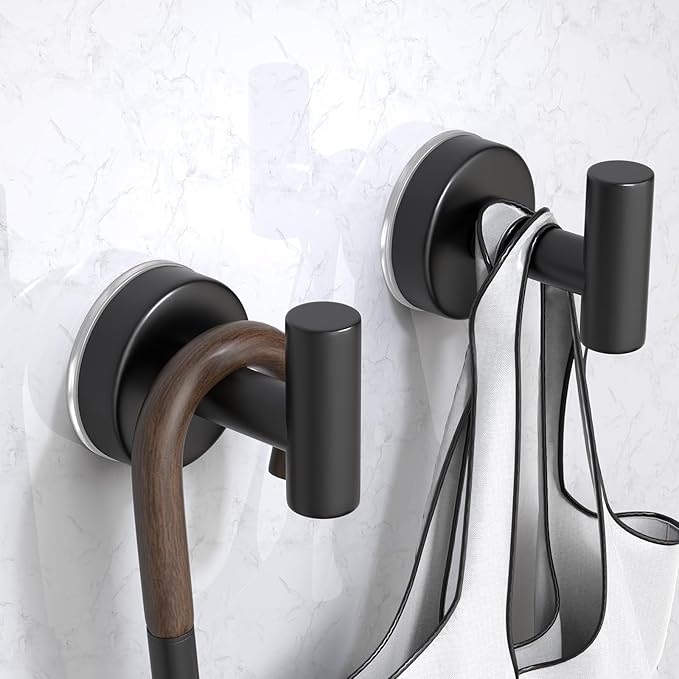 Suction Cup Hooks for Shower, Stainless Steel Towel Hooks for Bathroom Wall, Glass Door, Kitchen, Mirror, Tile, Shower Hooks for Hanging Towels, Robes, Bath Balls (2 Pack，Black)