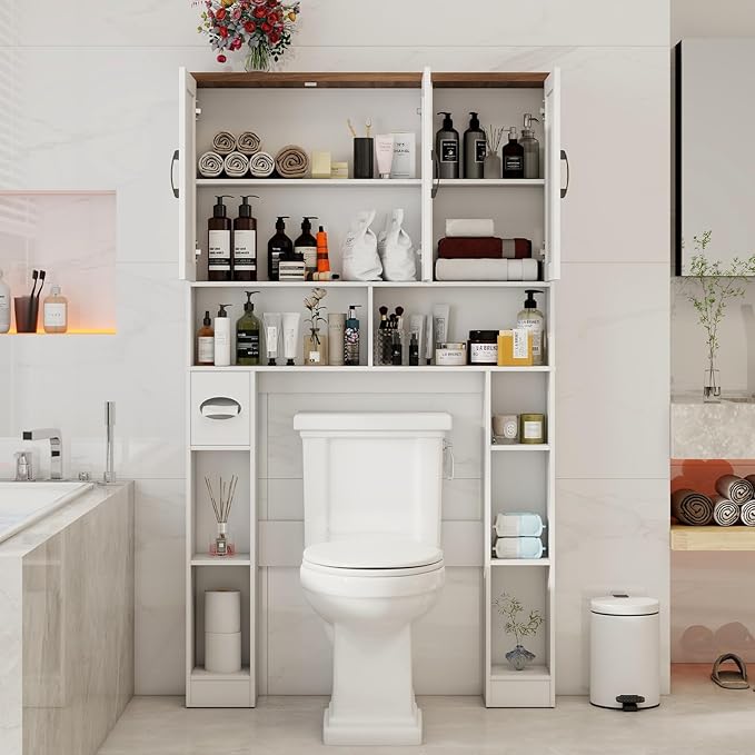 Over The Toilet Storage Cabinet, Farmhouse Toilet Cabinet Rack with 3 Barn Doors, Space Saving Bathroom Organizer with Shelves, Toilet Paper Holder and Towel Rack for Bathroom,Restroom,Laundry, White
