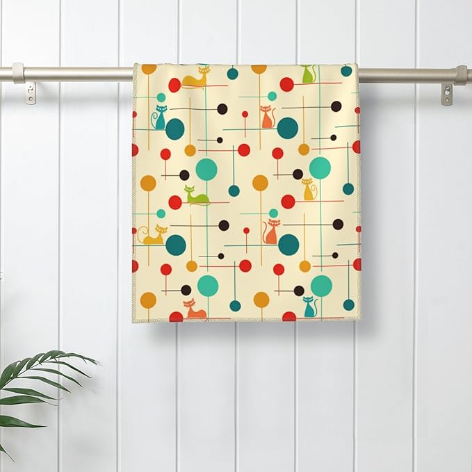 Mid Century Modern Cats Bath Hand Towels Set of 2 Soft Absorbent Retro Decorative Towel for Bathroom Home Kitchen Sports Gym Yoga 14"x28" Yellow Bathroom Decor