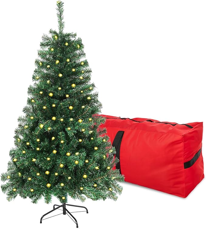 5FT Pre-Lit Green Christmas Tree, Small Artificial Holiday Fir Xmas Tree with 600 PVC Branch Tips, 200 Warm Lights, Foldable Base for Home, Party Decoration