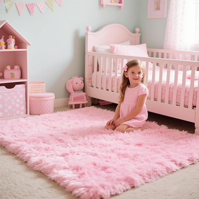Pink Fluffy Area Rug for Girls Bedroom, 2x3 Shaggy Carpet for Kids Playroom, Nursery, Teen Living Room, Thick Fuzzy Plush for Dorm, Cute Room Decor for Baby