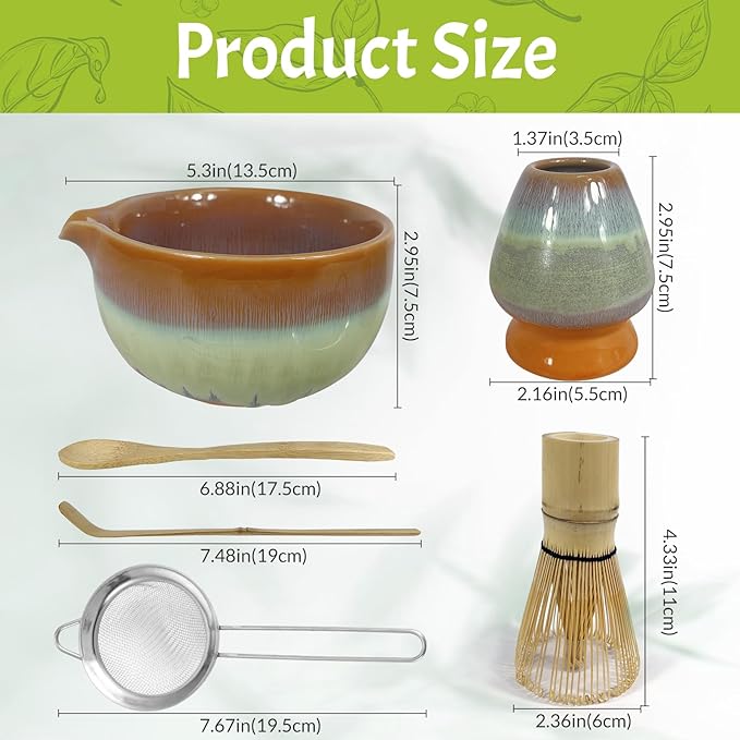 Matcha Whisk Set,6Pcs Matcha Kit Includes Matcha Whisk and Holder,Matcha Bowl with Spout,Matcha Sifter and 2Pcs Matcha Spoon,Suitable as a gift for those who like matcha (Gradient Orange)