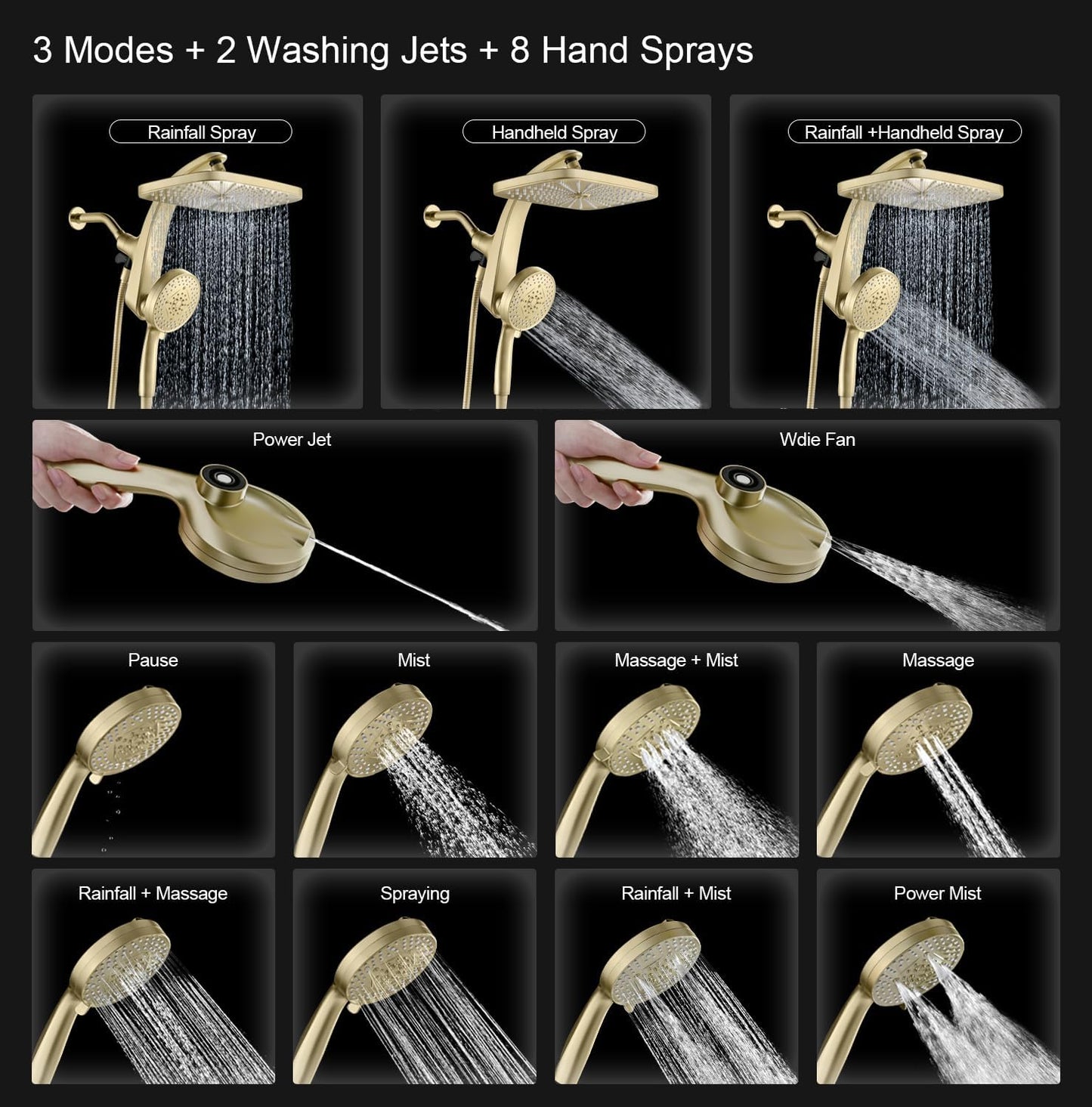 High Pressure Rain Shower Head: Upgrade Shower Heads with Handheld Spray Combo with Fixed Showerhead and 10 Sprays Handheld Shower Head, Detachable Shower head Built-in Power Jets