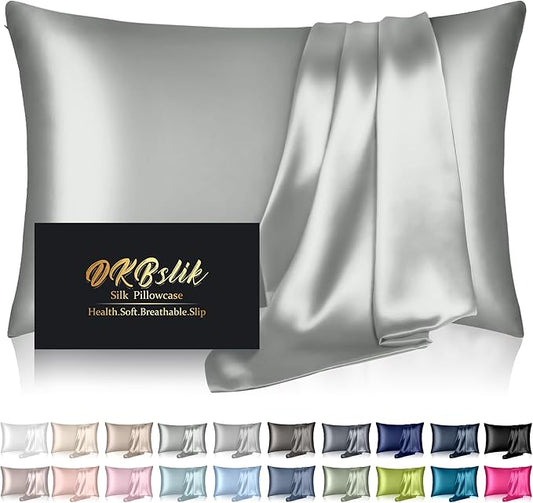 Mulberry Silk Pillow Cases King Size, Silk Pillowcase for Hair and Skin, Both Sides Natural Silk Satin Pillowcase for Sleeping Women with Zipper, Gifts for Women Men, Silver Grey