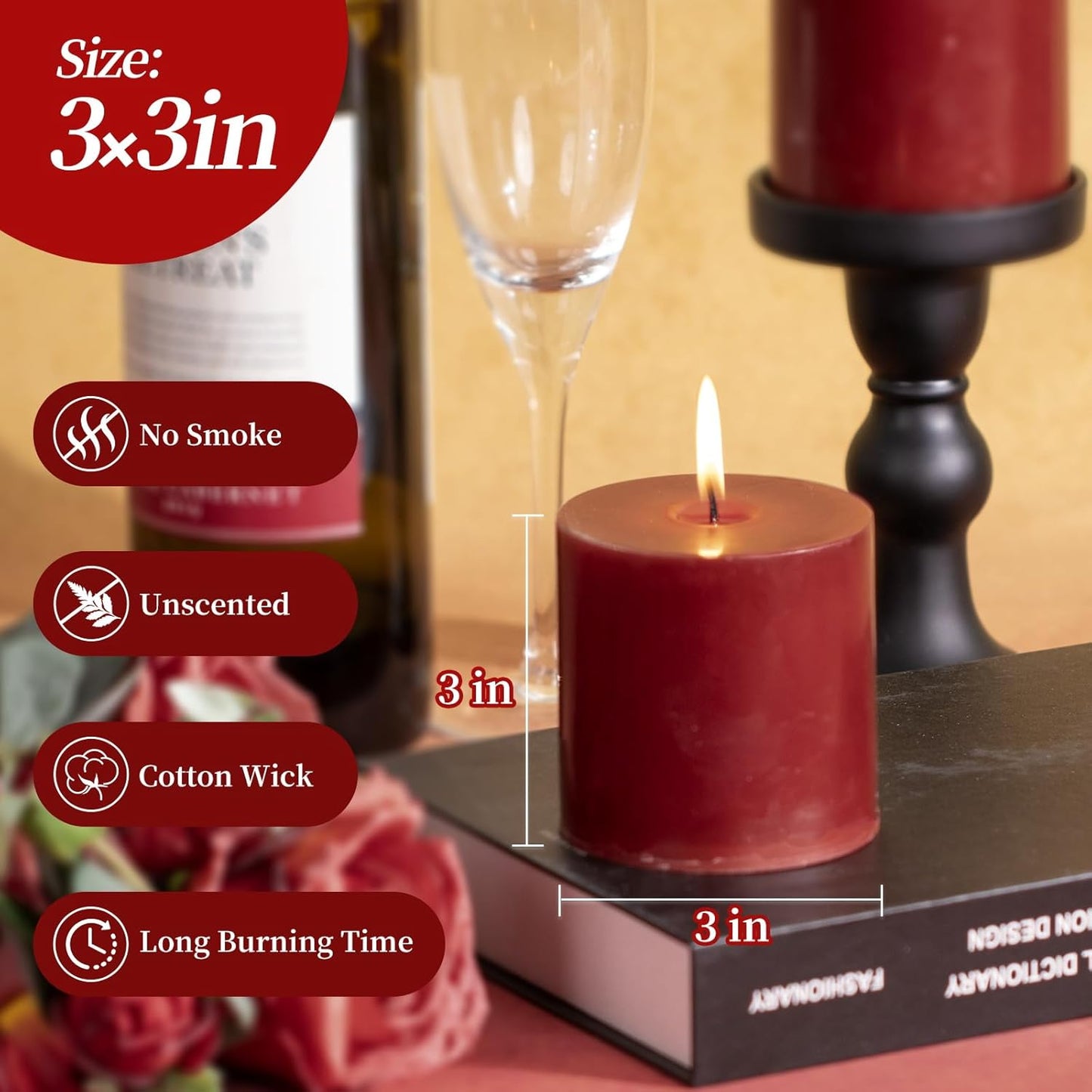 KONNI Dark Red Pillar Candles Set of 3, 3"x 3" Unscented Pillar Candles Bulk, 30 Hours Long Burning Candles, Smokeless&Dripless Large Round Candle for Wedding, Home Decoration, Parties, Spas, Dinner
