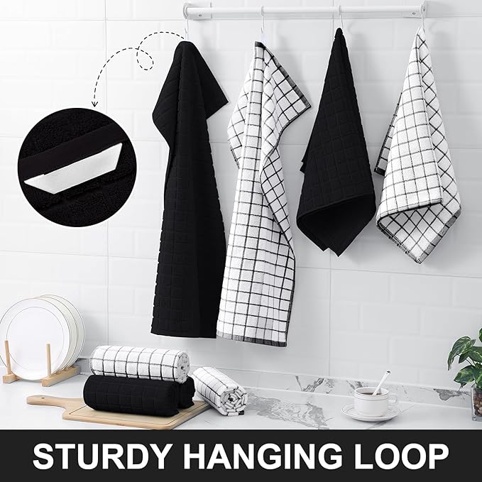 Homaxy Premium Cotton Kitchen Towels 16"x 28", Large Natural Ring Spun 390 GSM Dish Towels, Super Absorbent Terry Kitchen Hand Towels, Soft Tea Towel with Hanging Loop, Black Check Design, 6 Pack
