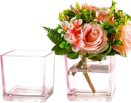 Square Pink Glass Vases Set of 2, 6" x 6" x 6" Square Vase for Centerpieces, Flower Vases for Centerpieces, Small Vase for Wedding, Party, Home Office Decoration