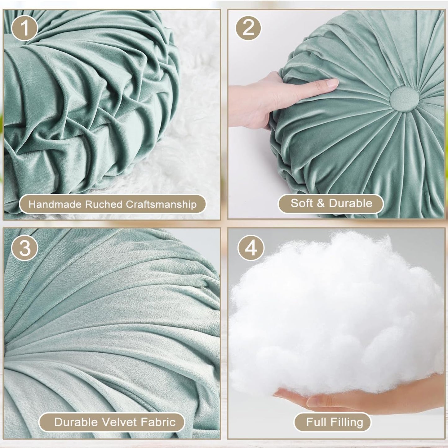 HIG Set of 2 Aqua Ruched Velvet Round Throw Pillows – 14.5’’ Decorative Pillows with Soft Polyester Filling for Couch, Bed, Living Room, Bedroom, or Dorm – Handmade, Stress Relieving, All-Season