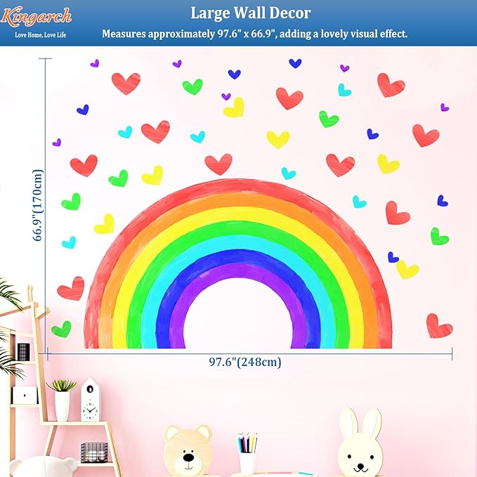 Large Watercolor Rainbow Wall Decals, Hearts Peel and Stick Fabric Nursery Wall Decor, Removable Home Room Wall Decor Murals Stickers for Kids Girls Toddler Bedroom Living Room Playroom