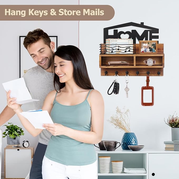 VIS'V Key Holder Wall Mount, Decorative Wooden Mail and Key Organizer with Storage Basket and Shelf, 2 Compartments, 6 Hooks, Brown