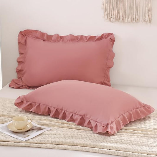 Pink Mocha Pillowcases King Pillowcases Ruffled Pillow Shams Set of 2 Cute Pillowcases Solid Ruffled Fringe Design Pink Shabby Chic Pillowcases 2 Pack (King (20''x36''), Pink Mocha)