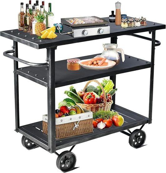 Industrial 3 Tier Mobile Bar Cart Rustic Metal Serving Cart with Wheels and Side Handles Vintage Rolling Kitchen Stand Cart-LxWxH: 36.2 * 15.75 * 30.5inch
