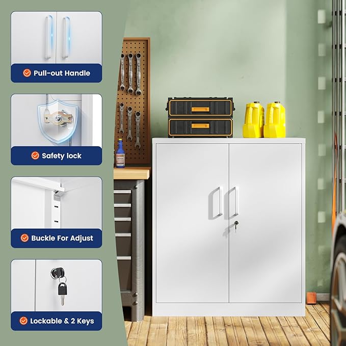 Yizosh Metal Garage Storage Cabinet with 2 Doors and 2 Adjustable Shelves - 35.5" Steel Lockable File Cabinet for Home Office,Garage,Gym,School (White)