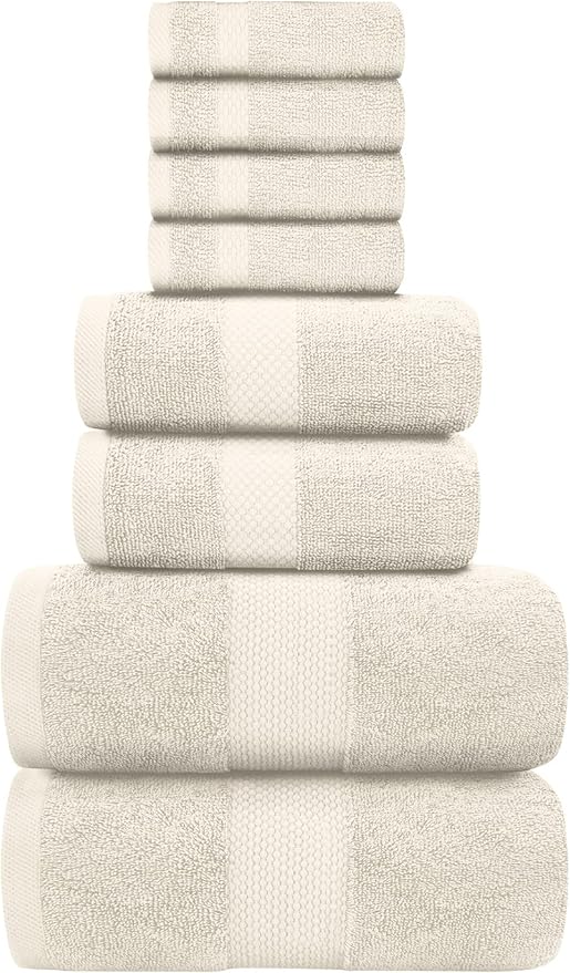 White Classic Luxury Bath Towel Set of 8 Pieces - 100% Turkish Cotton Highly Absorbent Towels for Bathroom, 2 Luxury Bath Towels 700GSM, 2 Hand Towels, 4 Washcloths, Ivory