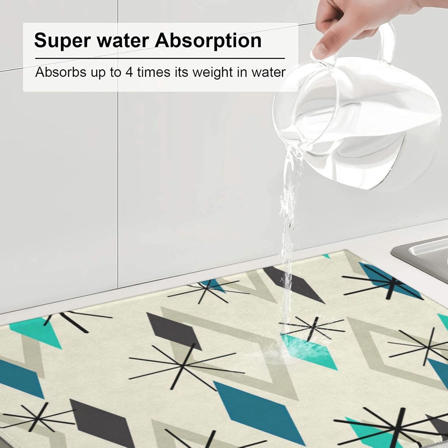 Vintage Mid Century Geometic Dish Drying Mat For Kitchen Counter, Super Absorbent Microfiber Large Dish Drying Pad 18"x24" For Kitchen Dishware Coffee Maker Bar