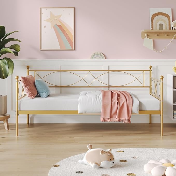 IDEALHOUSE Twin daybed with Trundle, Metal Twin Daybed and Trundle Set, Day Bed Sofa Bed Frame with Steel Slat Support, Multifunctional Daybed Frame for Bedroom (Gold Daybed)