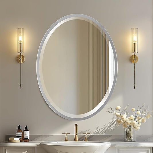 OVALCREST - Oval Wooden Beveled Wall Mirror for Home Decor, Bathroom, Vanity, Bedroom, Living Room, Hallway - London Style (Silver Spray) 31.1 x 41.1