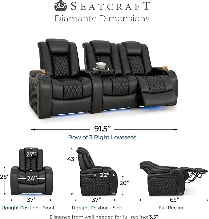 Seatcraft Diamante Zero-Gravity CoolZero Italian Leather Home Theater Seating, Power Headrest, Power Recline, Row of 3 Right Loveseat, Black