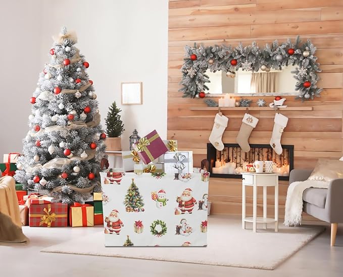 CLOCOR Collapsible Fabric Storage Container, Waterproof Toy Bin with Handles, Gift Basket (Watercolor Christmas)