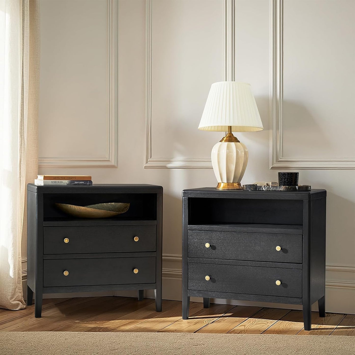 HULALA HOME Nightstands Set of 2 with Charging Station, Modern 2 Drawer Night Stands with Solid Wood Frame, Large Wood Bedside Tables with Open Storage Space, Charcoal