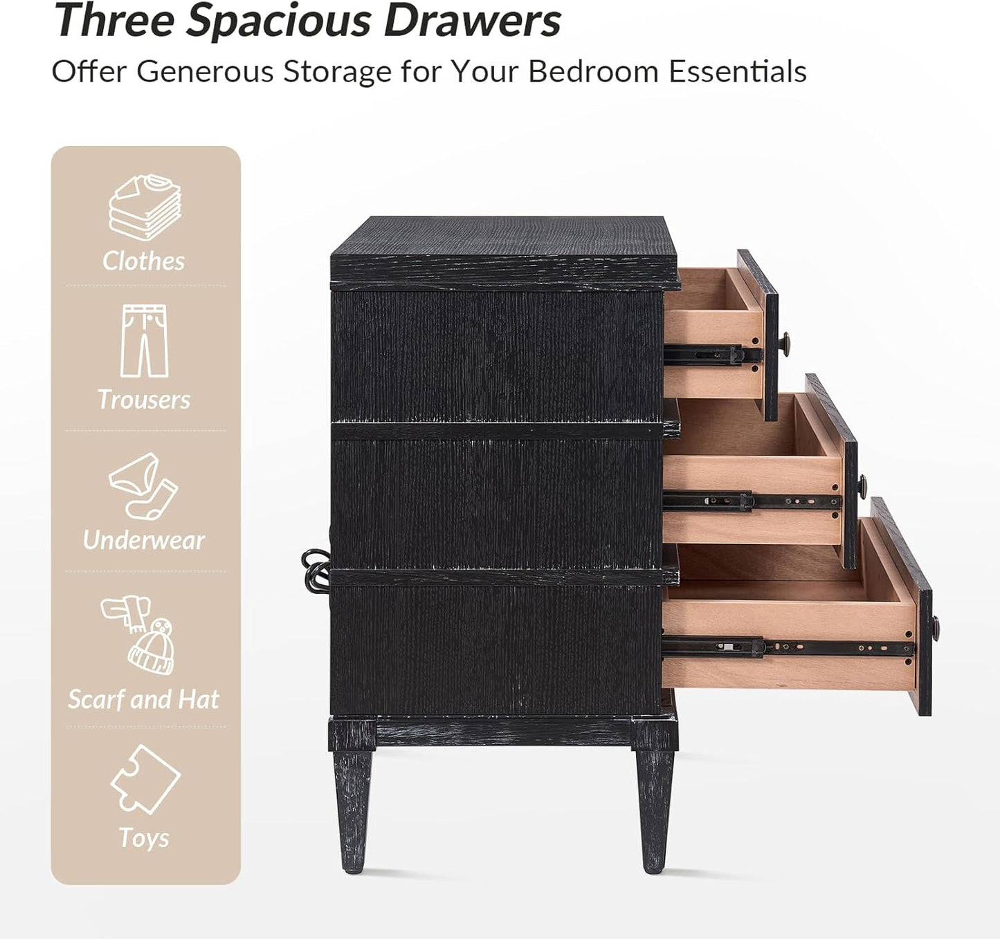 HULALA HOME 3-Drawer Nightstand with Charge Station, Farmhouse Nightstand with Solid Wood Legs(Black)