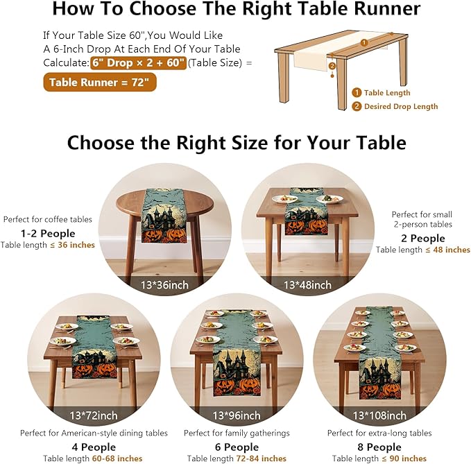 Halloween Table Runner with Haunted Castles, Bats & Pumpkins, Table Decoration for Dining Party and Home Decor,72x13 inches