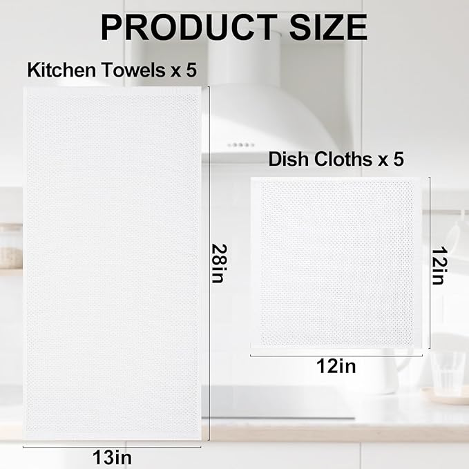 Homaxy 100% Cotton Kitchen Towels and Dishcloths Set, 12 x 12 Inches and 13 x 28 Inches, Set of 10 Bulk Kitchen Towels Set, Ultra Soft Absorbent Dish Cloths for Washing Dishes, White