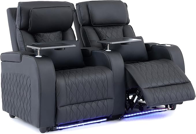 Home Theater Seating Top Grain Leather, Movie Theater Chairs Theater Recliner Sofa with Dual Power Ergonomic Design 7 Colors Ambient Lighting Tray Table Type-C USB Charge (Black, Row of 2)