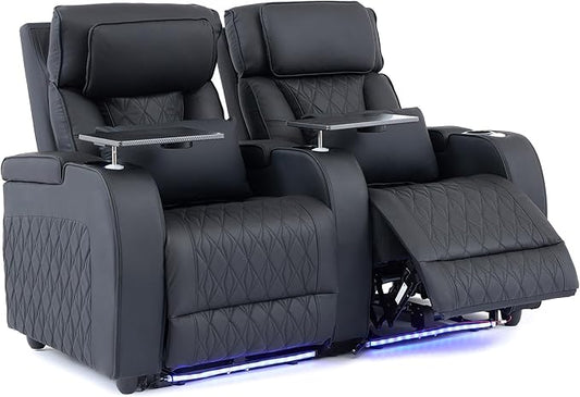Home Theater Seating Top Grain Leather, Movie Theater Chairs Theater Recliner Sofa with Dual Power Ergonomic Design 7 Colors Ambient Lighting Tray Table Type-C USB Charge (Black, Row of 2)