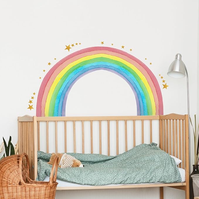 Supzone Large Rainbow Wall Decals Water Color Rainbow Stars Wall Decal DIY Vinyl Mural Art for Girls Baby Nursery Bedroom Playroom Home Decoration